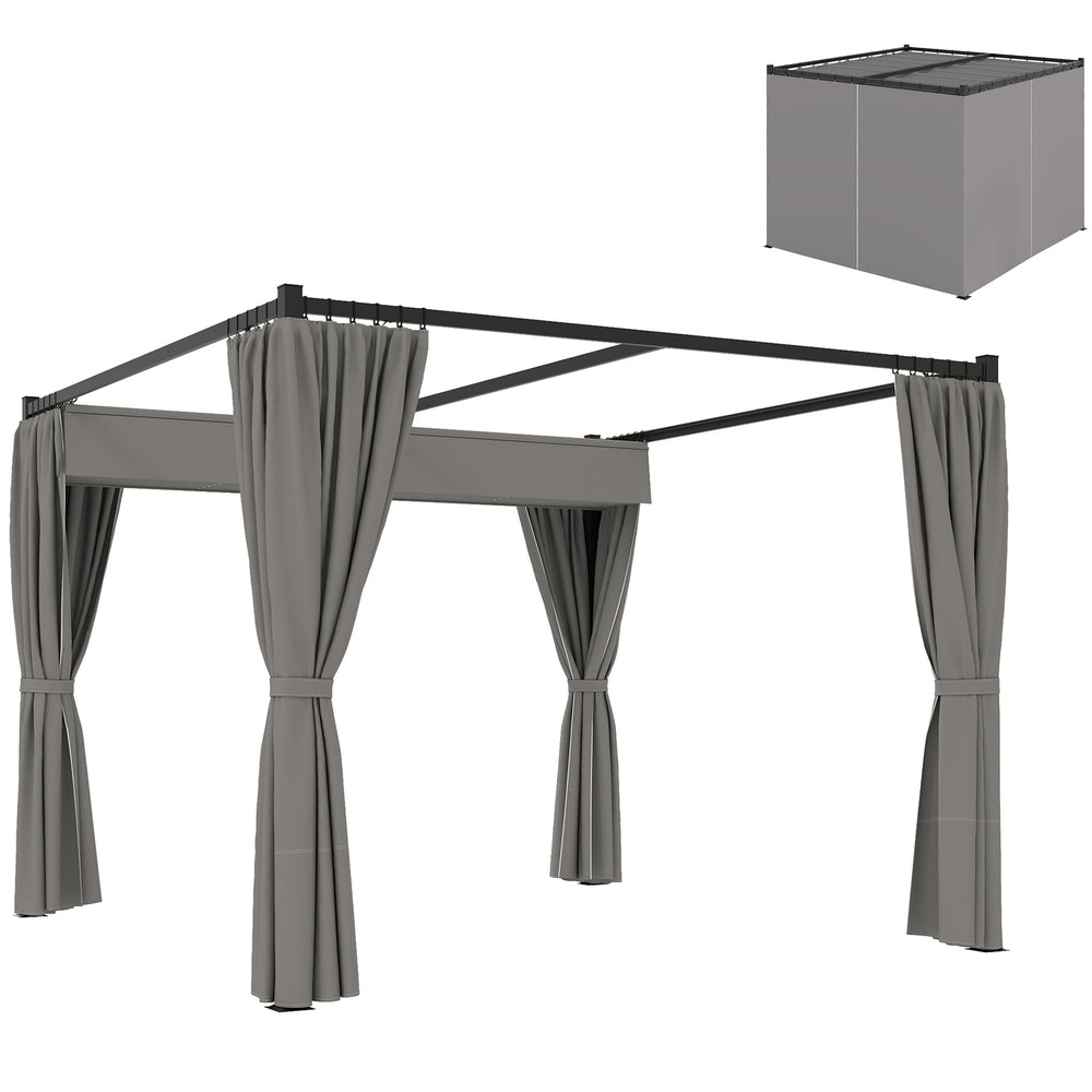 3 x 3(m) Pergola with Retractable Roof Canopy and Curtains, Metal Frame Garden Gazebo Outdoor Sun Shade Shelter for Grill, Patio, Deck, Light Grey