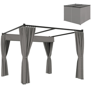 3 x 3(m) Pergola with Retractable Roof Canopy and Curtains, Metal Frame Garden Gazebo Outdoor Sun Shade Shelter for Grill, Patio, Deck, Light Grey