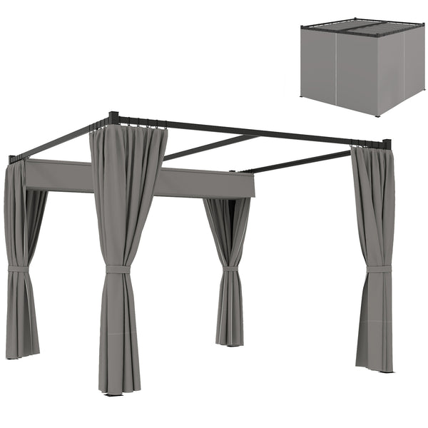 3 x 3(m) Pergola with Retractable Roof Canopy and Curtains, Metal Frame Garden Gazebo Outdoor Sun Shade Shelter for Grill, Patio, Deck, Light Grey