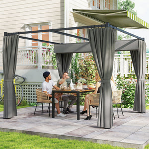 3 x 3(m) Pergola with Retractable Roof Canopy and Curtains, Metal Frame Garden Gazebo Outdoor Sun Shade Shelter for Grill, Patio, Deck, Light Grey
