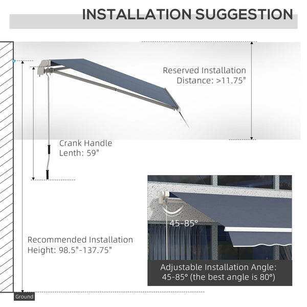 Outsunny 12' x 10' Retractable Awning Patio Awnings Sun Shade Shelter with Manual Crank Handle, 280g/m² UV & Water-Resistant Fabric and Aluminum Frame for Deck, Balcony, Yard, Charcoal Gray