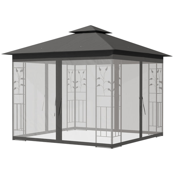3(m) x 3(m) Garden Gazebo, Double Roof Outdoor Gazebo Canopy Shelter with Netting, Solid Steel Frame, for Garden, Lawn and Deck, Grey