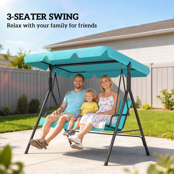 3 Seater Swing Chair with Adjustable Canopy, Garden Swing Seat with Steel Frame, Padded Seat, Blue