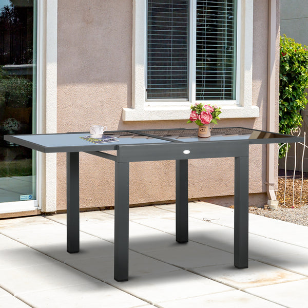 Extending Garden Table, Outdoor Dining Table with Aluminium Frame and Tempered Glass Tabletop, 80/160 x 80 x 75 cm, Black