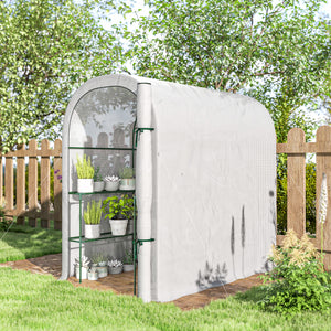 Walk-in Greenhouse with Shelves, Small Greenhouse with Roll-up Door, Garden Plant Growhouse with PE Cover, 123 x 187 x 189 cm, White