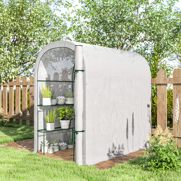 Walk-in Greenhouse with Shelves, Small Greenhouse with Roll-up Door, Garden Plant Growhouse with PE Cover, 123 x 187 x 189 cm, White