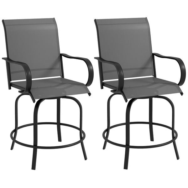 Outsunny Outdoor Bar Stools with Armrests, Set of 2 360° Swivel Bar Height Patio Chairs with High-Density Mesh Fabric, Steel Frame Dining Chairs for Balcony, Poolside, Backyard, Gray