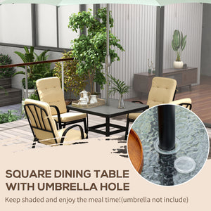 5 Pieces Garden Dining Set, Outdoor Square Dining Table and 4 Cushioned Armchairs, Tempered Glass Top Table w/ Umbrella Hole, Texteline Seats, Beige