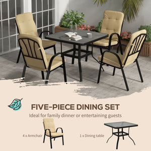 5 Pieces Garden Dining Set, Outdoor Square Dining Table and 4 Cushioned Armchairs, Tempered Glass Top Table w/ Umbrella Hole, Texteline Seats, Beige