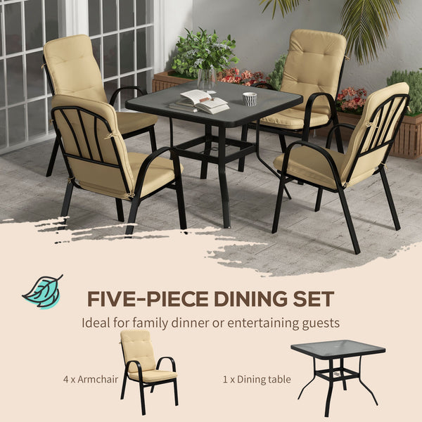 5 Pieces Garden Dining Set, Outdoor Square Dining Table and 4 Cushioned Armchairs, Tempered Glass Top Table w/ Umbrella Hole, Texteline Seats, Beige