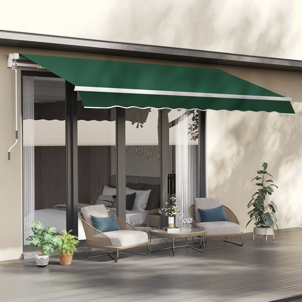 Outsunny 12' x 8' Retractable Awning Patio Awnings Sun Shade Shelter with Manual Crank Handle, 280g/m² UV & Water-Resistant Fabric and Aluminum Frame for Deck, Balcony, Yard, Green