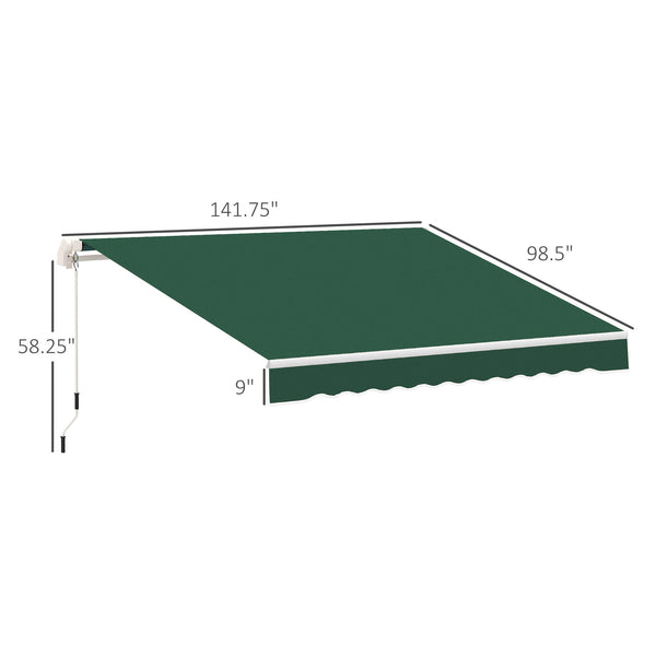 Outsunny 12' x 8' Retractable Awning Patio Awnings Sun Shade Shelter with Manual Crank Handle, 280g/m² UV & Water-Resistant Fabric and Aluminum Frame for Deck, Balcony, Yard, Green