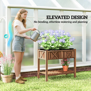 Wooden Raised Garden Bed, Elevated Planter Box with Storage Shelf, Drainage Holes and Liner for Backyard, Patio, Balcony, 34" x 18" x 30", Carbonized