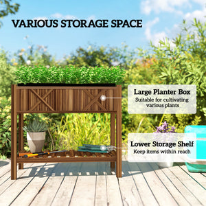 Wooden Raised Garden Bed, Elevated Planter Box with Storage Shelf, Drainage Holes and Liner for Backyard, Patio, Balcony, 34" x 18" x 30", Carbonized