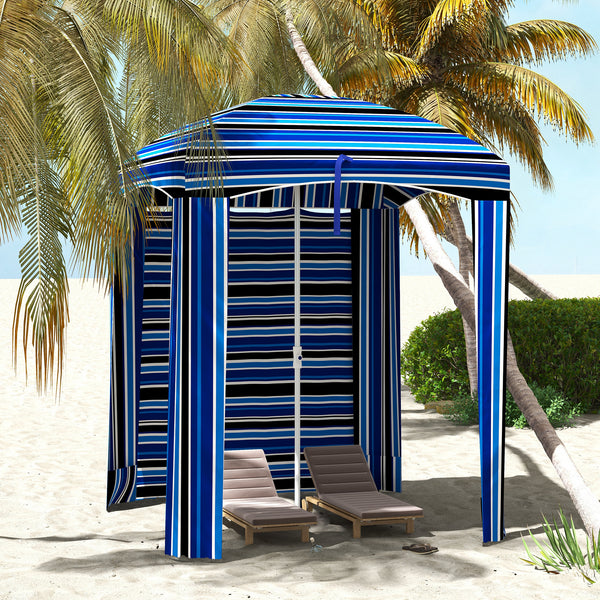 5.9' x 5.9' Portable Beach Umbrella, Ruffled Outdoor Cabana with Walls, Vents, Sandbags, Carry Bag, Blue Stripe