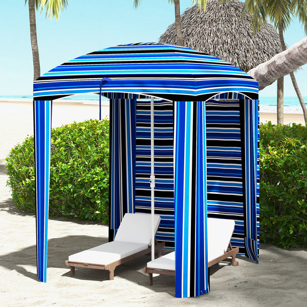 5.9' x 5.9' Portable Beach Umbrella, Ruffled Outdoor Cabana with Walls, Vents, Sandbags, Carry Bag, Blue Stripe