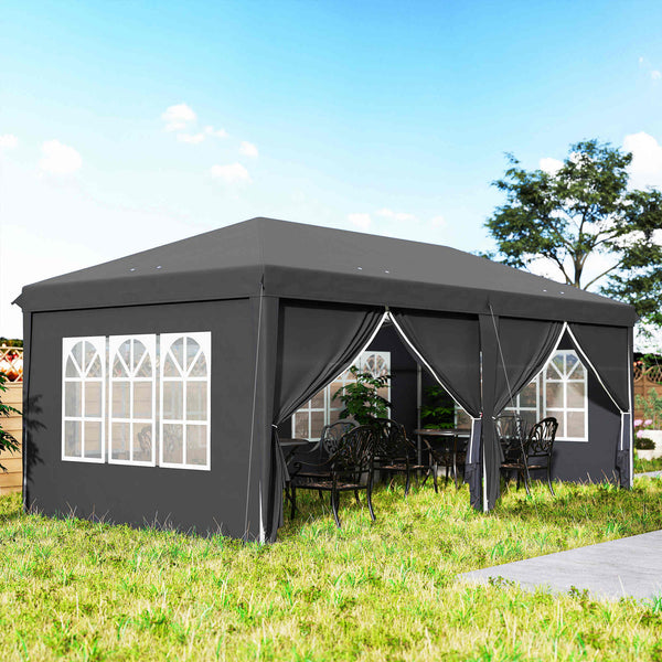3 x 6 m Garden Pop Up Gazebo, Wedding Party Tent Marquee, Water Resistant Awning Canopy with Sidewalls, Windows, Carry Bag, Grey