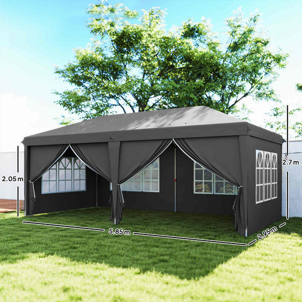 3 x 6 m Garden Pop Up Gazebo, Wedding Party Tent Marquee, Water Resistant Awning Canopy with Sidewalls, Windows, Carry Bag, Grey