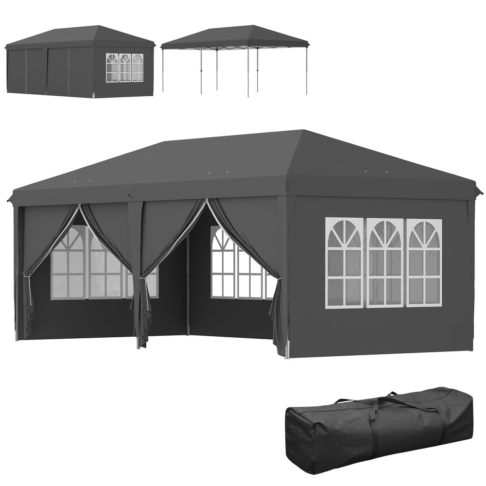 3 x 6 m Garden Pop Up Gazebo, Wedding Party Tent Marquee, Water Resistant Awning Canopy with Sidewalls, Windows, Carry Bag, Grey
