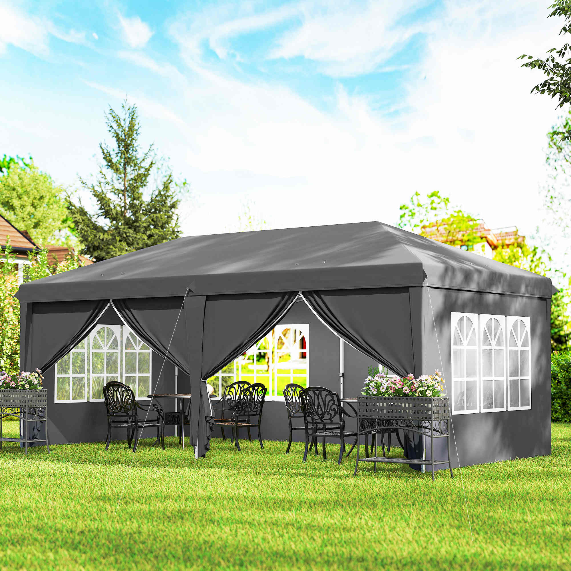 party tent 3 x 6 Outsunny 3 x 6m Garden Pop Up Gazebo, Wedding Party Tent with Sidewalls, Windows, Carry Bag, Grey