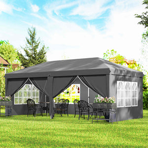 3 x 6 m Garden Pop Up Gazebo, Wedding Party Tent Marquee, Water Resistant Awning Canopy with Sidewalls, Windows, Carry Bag, Grey