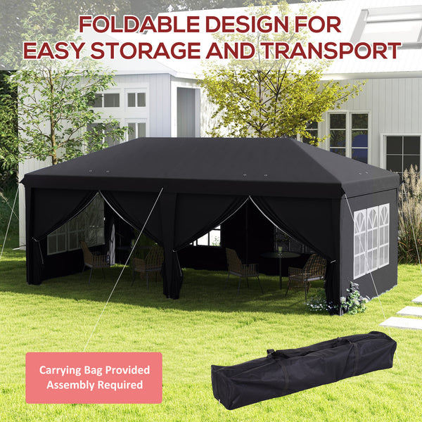 3 x 6 m Garden Pop Up Gazebo, Wedding Party Tent Marquee, Water Resistant Awning Canopy with Sidewalls, Windows, Carry Bag, Grey