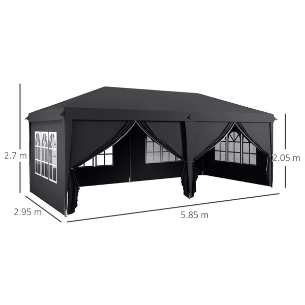 3 x 6 m Garden Pop Up Gazebo, Wedding Party Tent Marquee, Water Resistant Awning Canopy with Sidewalls, Windows, Carry Bag, Grey