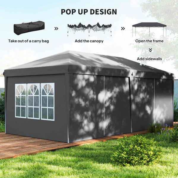 3 x 6 m Garden Pop Up Gazebo, Wedding Party Tent Marquee, Water Resistant Awning Canopy with Sidewalls, Windows, Carry Bag, Grey