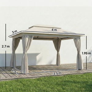 3 x 4 m Outdoor Garden Gazebo with Netting and Curtains, UPF50+ Double Roof Patio Gazebo Permanent Pavilion Canopy Shelter with Metal Frame, Drainage Holes, Beige