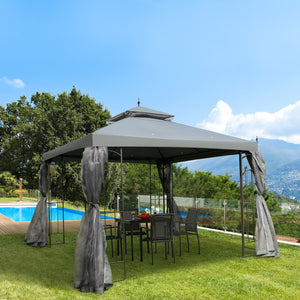 Outsunny 10' x 10' Patio Gazebo with Corner Frame Shelves, Double Roof Outdoor Gazebo Canopy Shelter with Netting for Patio, Wedding, Catering & Events, Gray