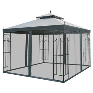 Outsunny 10' x 10' Patio Gazebo with Corner Frame Shelves, Double Roof Outdoor Gazebo Canopy Shelter with Netting for Patio, Wedding, Catering & Events, Gray