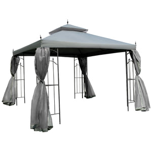 Outsunny 10' x 10' Patio Gazebo with Corner Frame Shelves, Double Roof Outdoor Gazebo Canopy Shelter with Netting for Patio, Wedding, Catering & Events, Gray