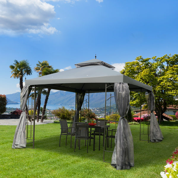 Outsunny 10' x 10' Patio Gazebo with Corner Frame Shelves, Double Roof Outdoor Gazebo Canopy Shelter with Netting for Patio, Wedding, Catering & Events, Gray