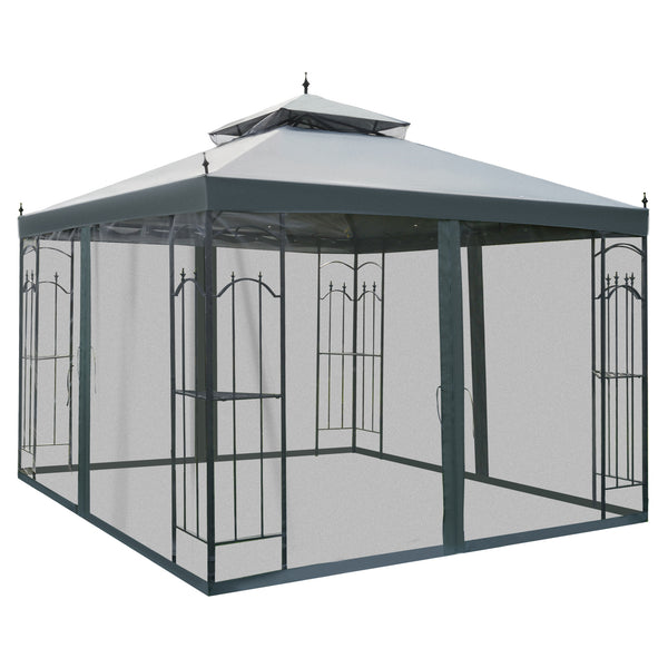 Outsunny 10' x 10' Patio Gazebo with Corner Frame Shelves, Double Roof Outdoor Gazebo Canopy Shelter with Netting for Patio, Wedding, Catering & Events, Gray