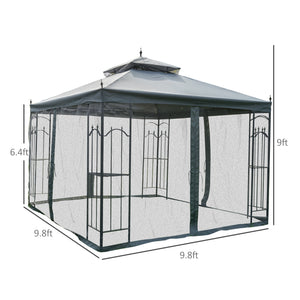 Outsunny 10' x 10' Patio Gazebo with Corner Frame Shelves, Double Roof Outdoor Gazebo Canopy Shelter with Netting for Patio, Wedding, Catering & Events, Gray