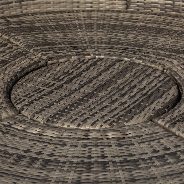 Outdoor PE Rattan Garden Furniture with Cushioned, Patio Wicker Conversation Furniture Set, Round Daybed with Retractable Canopy, Coffee Table and Three Pillows, Dark Grey/Grey