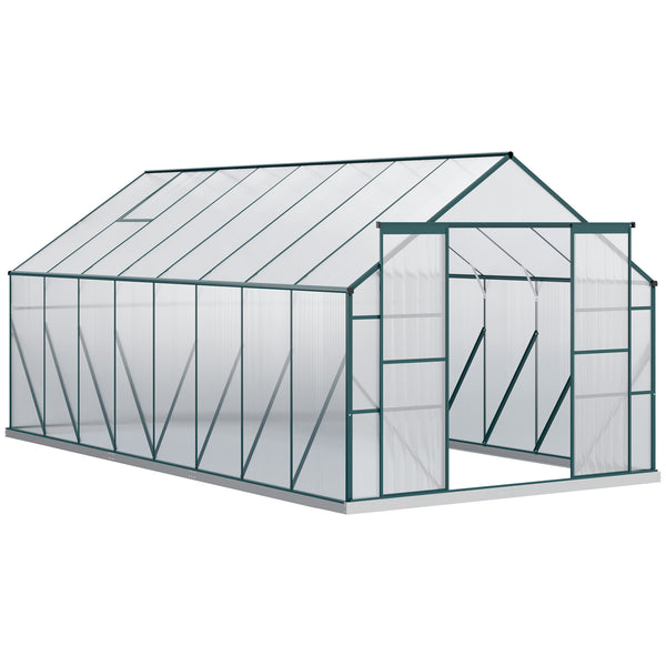 Outsunny 16' x 8' Aluminum Greenhouse Polycarbonate Walk-in Garden Greenhouse Kit with Adjustable Roof Vent, Rain Gutter and Sliding Door for Winter, Clear