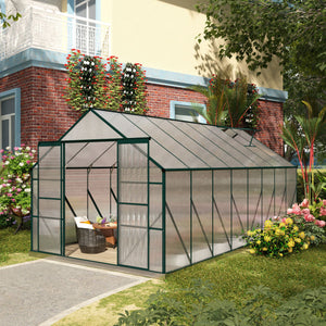 Outsunny 16' x 8' Aluminum Greenhouse Polycarbonate Walk-in Garden Greenhouse Kit with Adjustable Roof Vent, Rain Gutter and Sliding Door for Winter, Clear