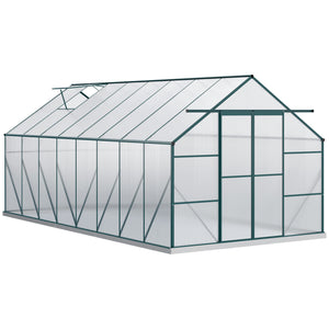 Outsunny 16' x 8' Aluminum Greenhouse Polycarbonate Walk-in Garden Greenhouse Kit with Adjustable Roof Vent, Rain Gutter and Sliding Door for Winter, Clear