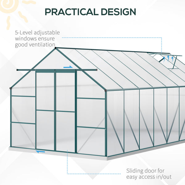 Outsunny 16' x 8' Aluminum Greenhouse Polycarbonate Walk-in Garden Greenhouse Kit with Adjustable Roof Vent, Rain Gutter and Sliding Door for Winter, Clear