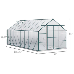 Outsunny 16' x 8' Aluminum Greenhouse Polycarbonate Walk-in Garden Greenhouse Kit with Adjustable Roof Vent, Rain Gutter and Sliding Door for Winter, Clear