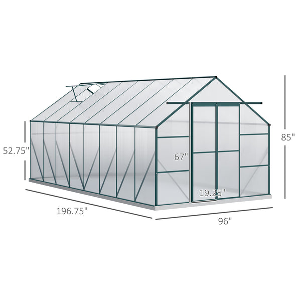 Outsunny 16' x 8' Aluminum Greenhouse Polycarbonate Walk-in Garden Greenhouse Kit with Adjustable Roof Vent, Rain Gutter and Sliding Door for Winter, Clear