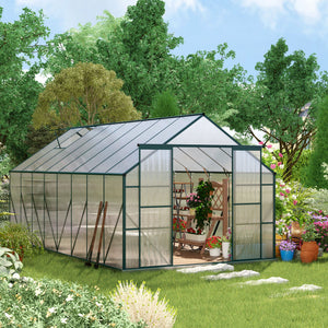 Outsunny 16' x 8' Aluminum Greenhouse Polycarbonate Walk-in Garden Greenhouse Kit with Adjustable Roof Vent, Rain Gutter and Sliding Door for Winter, Clear