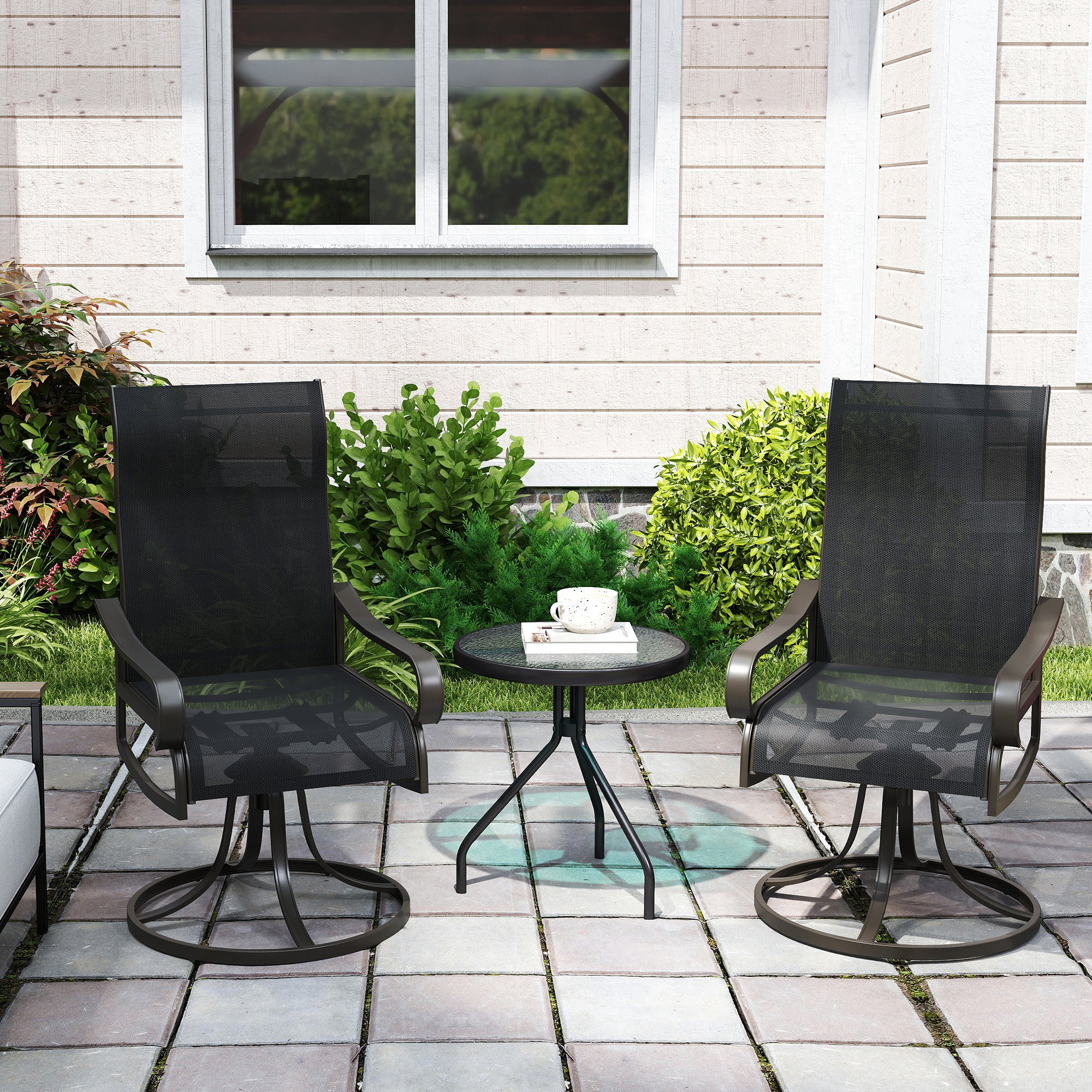2-Piece Patio Dining Chairs, 360¡ã Swivel Rocking Chairs with Curved Armrests, Black