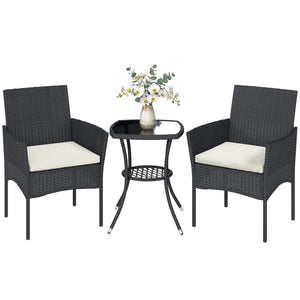 3 Piece Rattan Bistro Set, PE Wicker Garden Furniture Conversation Set, 2 Tier Glass-Top Bistro Table and Chairs for 2 with Cushions for Patio, Balcony, Porch, Cream White