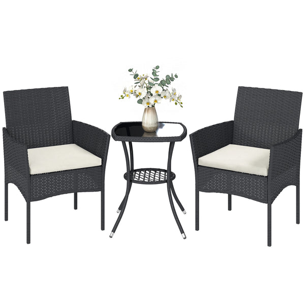 3 Piece Rattan Bistro Set, PE Wicker Garden Furniture Conversation Set, 2 Tier Glass-Top Bistro Table and Chairs for 2 with Cushions for Patio, Balcony, Porch, Cream White