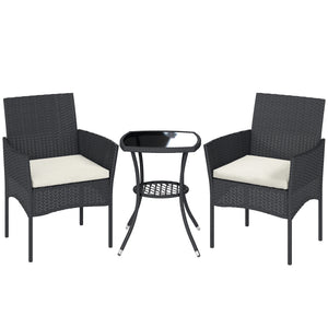 3 Piece Rattan Bistro Set, PE Wicker Garden Furniture Conversation Set, 2 Tier Glass-Top Bistro Table and Chairs for 2 with Cushions for Patio, Balcony, Porch, Cream White