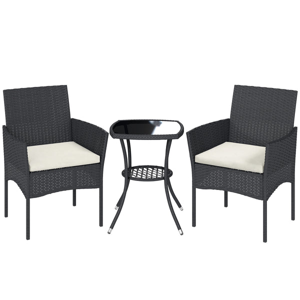 3 Piece Rattan Bistro Set, PE Wicker Garden Furniture Conversation Set, 2 Tier Glass-Top Bistro Table and Chairs for 2 with Cushions for Patio, Balcony, Porch, Cream White