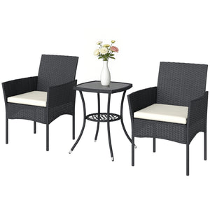 3 Piece Rattan Bistro Set, PE Wicker Garden Furniture Conversation Set, 2 Tier Glass-Top Bistro Table and Chairs for 2 with Cushions for Patio, Balcony, Porch, Cream White