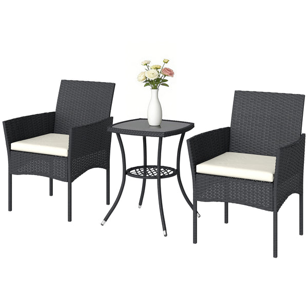 3 Piece Rattan Bistro Set, PE Wicker Garden Furniture Conversation Set, 2 Tier Glass-Top Bistro Table and Chairs for 2 with Cushions for Patio, Balcony, Porch, Cream White